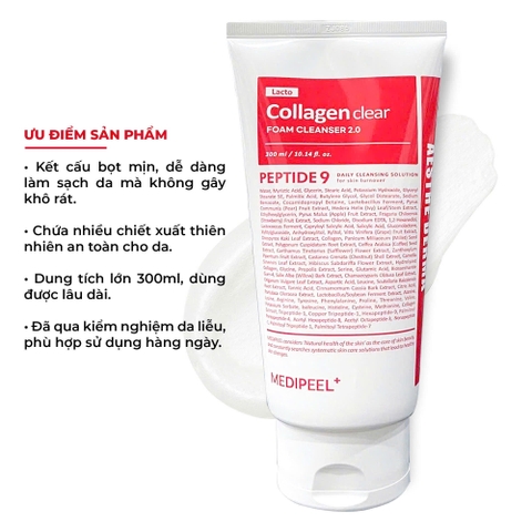Sữa rửa mặt làm sạch và hỗ trợ tái tạo da Medipeel Lacto Collagen Clear Foam Cleanser 2.0 300ml