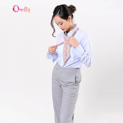 Áo sơ mi xanh cổ bèo thắt nơ duyên dáng phong cách công sở