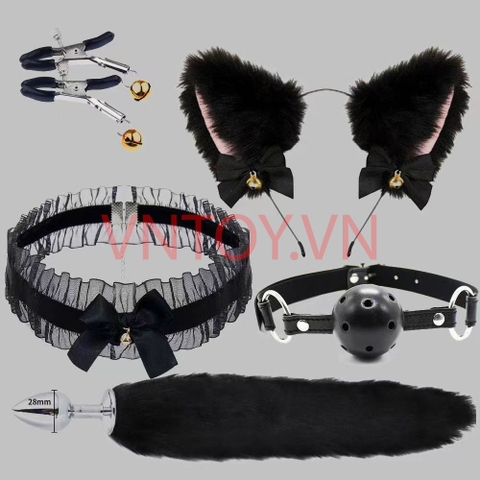 Đồ chơi BDSM 5 món Đuôi cáo, Gag Ball, Kẹp ti, Tai mèo và Choker cổ