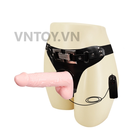 Strap-on đeo hông dây da đính đá gắn dương vật giả rung cao cấp