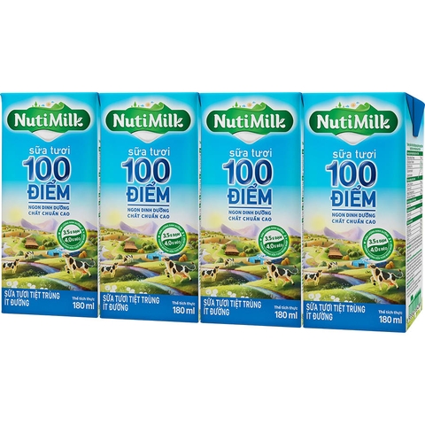 Sữa tươi Nutimilk 100 điểm ít đường 180ml