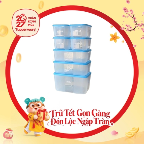 Bộ 7 Hộp Trữ Đông Tupperware 2.6L, 1.7L, 650ml - Nắp Xanh (Bộ 2)