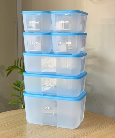 Bộ 7 Hộp Tupperare Trữ Đông  ( 2.6L, 1.7L, 650ml ) - Nắp Xanh - Tupperware Trung Chính Hãng