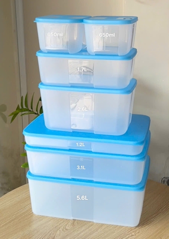 Bộ 7 Hộp Đông Nắp Xanh Tupperware ( 5.6L, 3.1L, 1.2L, 2.6L, 1.7L, 650ml ) - Tupperware Trung Chính Hãng
