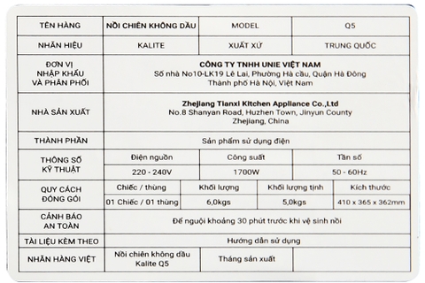 Nồi chiên không dầu Kalite Q5 5 lít