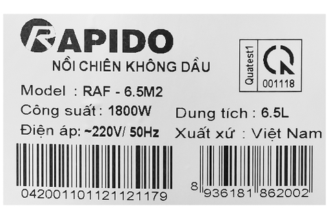 Nồi chiên không dầu Rapido RAF6.5M2 6.5 lít