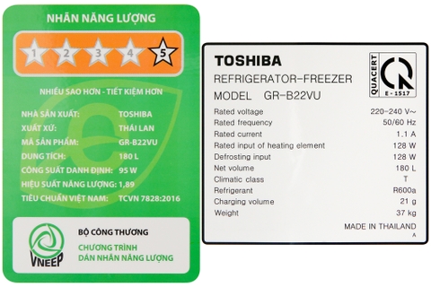 Tủ lạnh Toshiba 180 lít GR-B22VU(UKG)