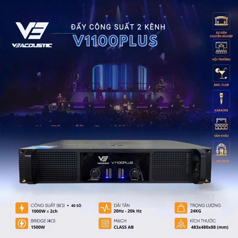 Đẩy công suất 2 kênh V1100 Plus 40 sò ,công suất 1000w