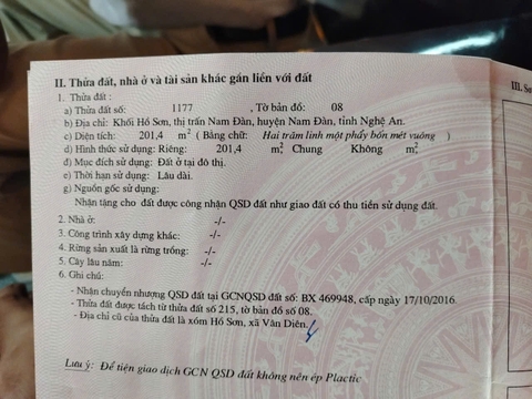 BĐS ĐẤT HỒ SƠN Khối Hồ Sơn, thị trấn Nam Đàn