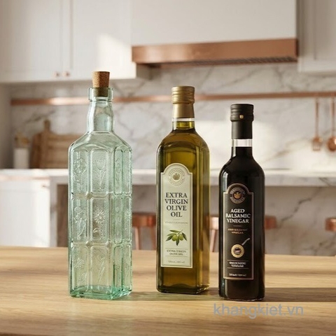 Chai thủy tinh vuông nút bần C.H Fiori 500ml đặt cạnh chai dầu oliu và giấm balsamic trong không gian bếp hiện đại