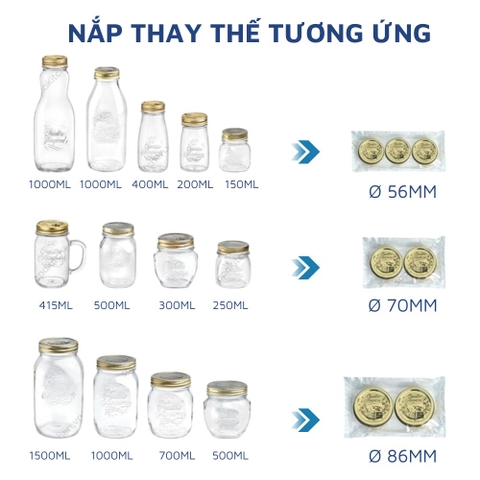 Bộ Nắp Vặn Hũ Thủy Tinh Quattro 56mm / 70mm / 86mm Bormioli Rocco – Nắp Thay Thế Chính Hãng