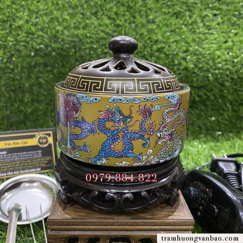 Lư điện xông Trầm Hương, tinh dầu và bột họa tiết rồng mới M18