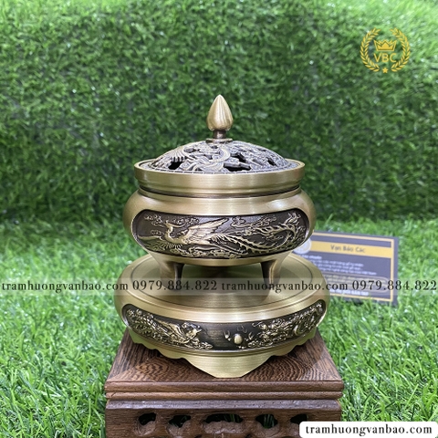 Lư đồng xông trầm hương, trầm nụ kèm đôn đồng, họa tiết rồng phượng - Bộ lư và đế đồng xông trầm