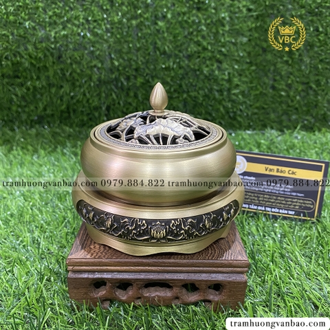 Bộ lư và đế đồng xông trầm hương, trầm nụ - Họa tiết trơn, nắp sen