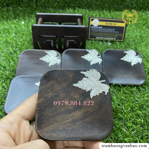 Lót ly gỗ óc chó khảm kẽm - Mẫu vuông