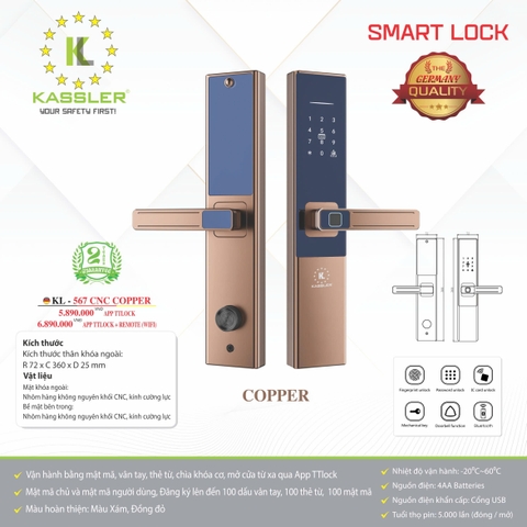 Khóa cửa gỗ Kassler KL-567 CNC Copper