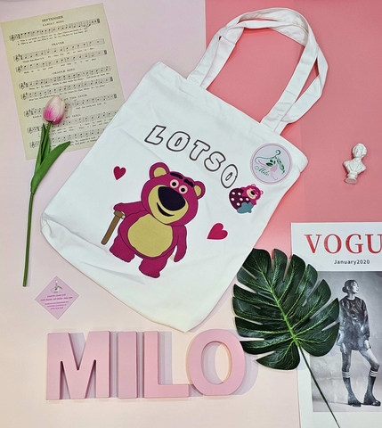 Túi tote Canvas gấu dâu Lotso cao cấp (có khóa kéo)