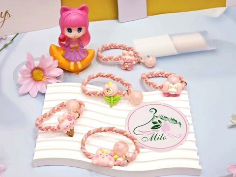 Cột tóc kiểu đan chéo sticker nổi hình thỏ - bông hoa - cây kem