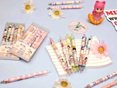 Set hộp 6 bút bi bấm hoạt hình cute