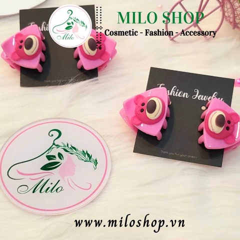 Kẹp tóc mái hình tam giác charm gấu dâu + charm bé gái (set 2 cái)