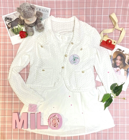 Set đầm QC ngực đính nơ tag hoa mix kèm áo khoác len phối nút xinh xắn