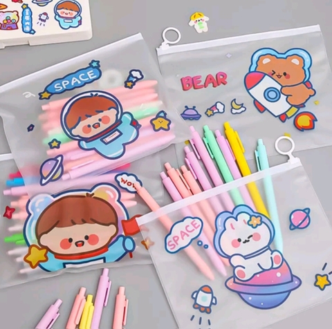 Túi zip trong Space đựng bút viết hình cute (size 17.5cm x 21cm)
