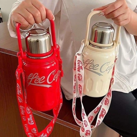 Bình giữ nhiệt có quai xách và dây đeo Coffee Cup - 1200ml (màu trắng + đỏ)