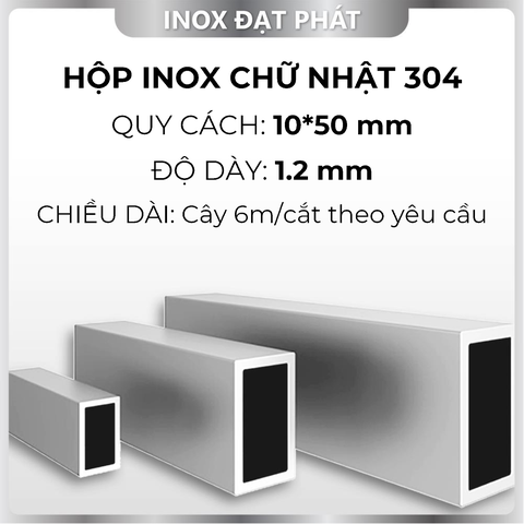 Hộp Inox Chữ Nhật 304 10*50 mm, Độ dày 1.2 mm