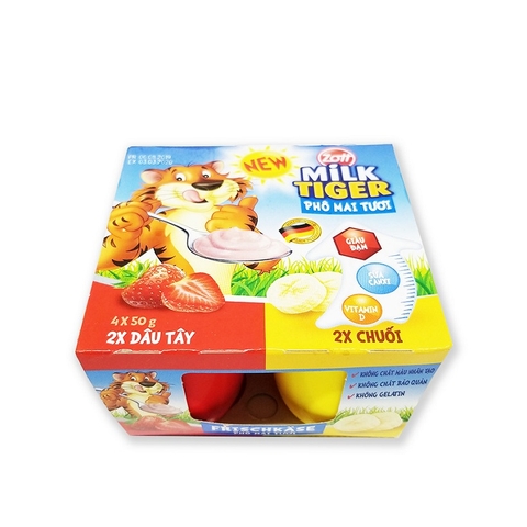 Phô mai tươi Milk Tiger, vị dâu chuối-Zott, vỉ (50g*4hộp).