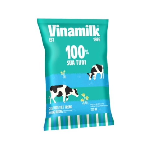 Sữa tươi tiệt trùng không đường, 100% sữa tươi-Vinamilk, túi (220ml).