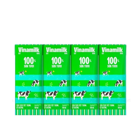 Sữa tươi tiệt trùng có đường, 100% sữa tươi-Vinamilk (180ml*4 hộp).