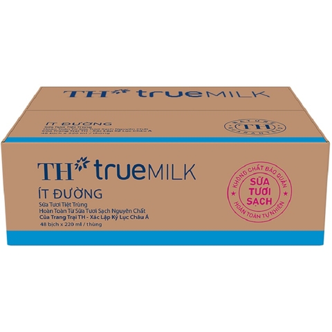 Sữa tươi tiệt trùng TH true Milk, ít đường, thùng (220ml*48túi),