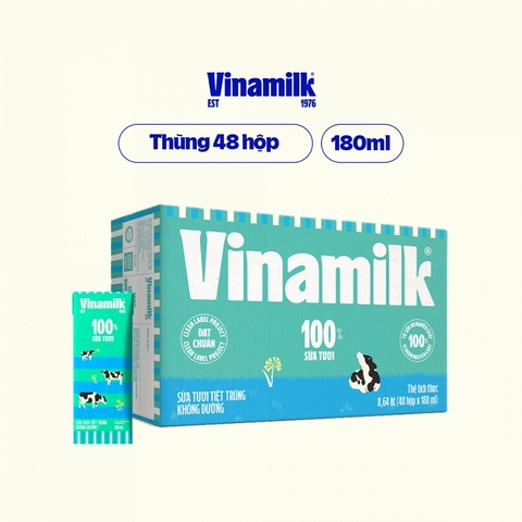Sữa tươi tiệt trùng không đường, 100% sữa tươi-Vinamilk, thùng (12*4*180ml).