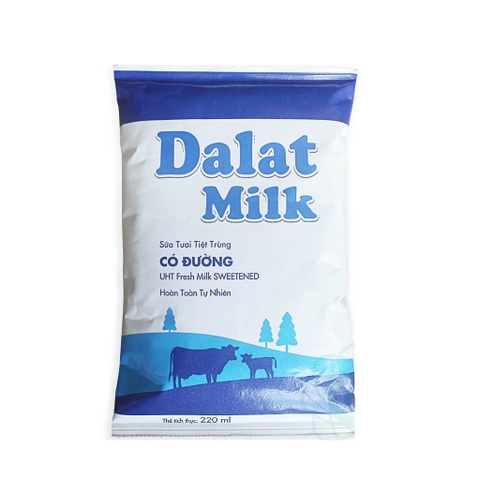 Sữa tươi tiệt trùng DALAT Milk có đường, túi (220ml),