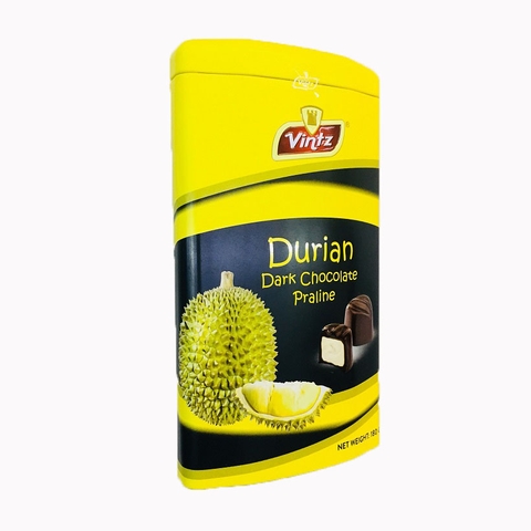 Kẹo Socola đen nhân kem Sầu Riêng, Dark Chocolate Praline Durian, Vintz-Malaysia, hộp sắt (180g).