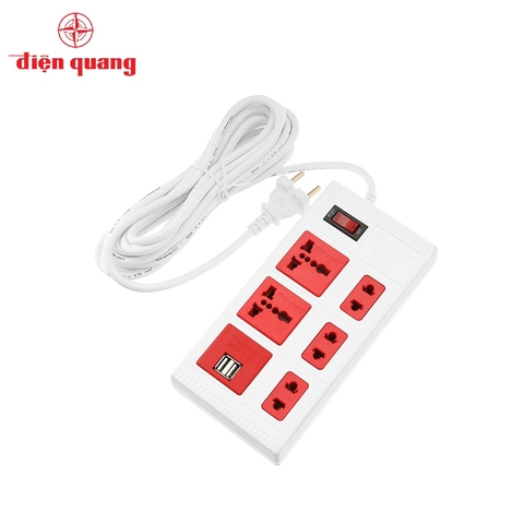 Ổ cắm điện quang ĐQ ESK 5WR 5ECO 2A (5lỗ: 2lỗ 3chấu + 3lỗ 2chấu, 2USB, dây 5m, trắng đỏ)..