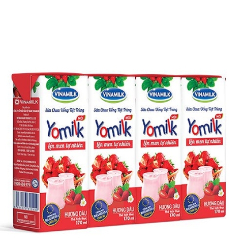 Sữa chua uống tiệt trùng lên men tự nhiên Yomilk, hương dâu-Vinamilk (170ml*4hộp),