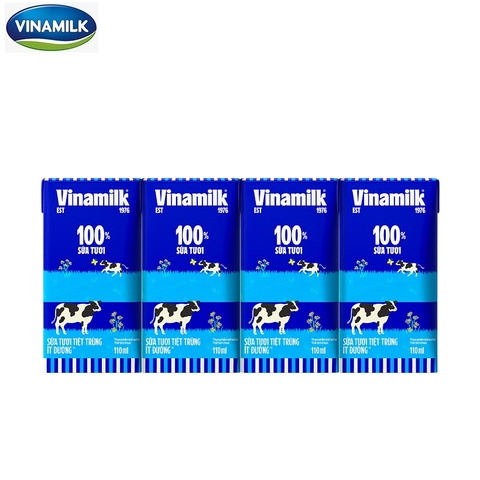 Sữa tươi tiệt trùng ít đường, 100% sữa tươi-Vinamilk (110ml*4hộp).