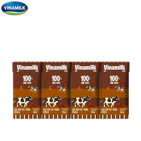 Sữa tươi tiệt trùng socola, 100% sữa tươi-Vinamilk (110ml*4 hộp).