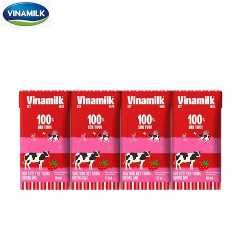 Sữa tươi tiệt trùng hương dâu, 100% sữa tươi-Vinamilk (110ml*4hộp).