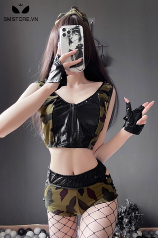 SMS151 - Cosplay quân đội áo croptop với quần đan chéo kèm tất lưới