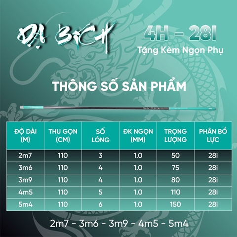 Cần câu Tay Dạ Bích 4h -28i ( Kèm Đọt Phụ Và Trục 3260 )