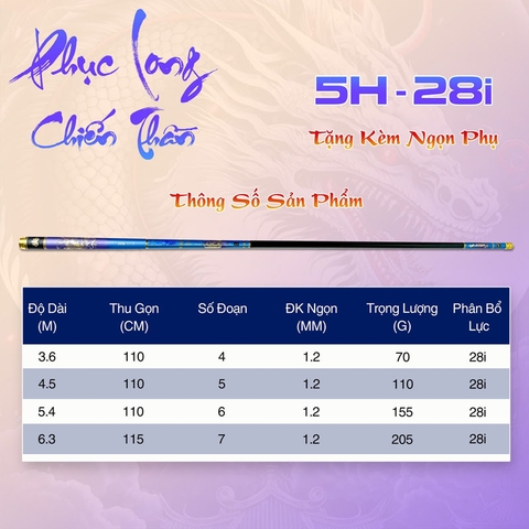 Cần câu tay Phục Long Chiến Thần 5h 28i ( Tặng kèm đọt phụ và bộ trục 3260 )