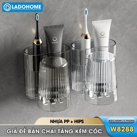 Giá để bàn chải và kem đánh răng kèm cốc súc miệng W8288 dán tường, nhựa PP nguyên sinh an toàn
