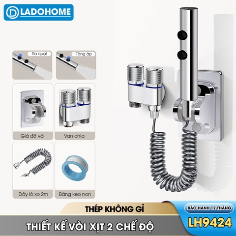 Bộ vòi xịt vệ sinh, toilet cao cấp LH-9424 thép không rỉ, lõi đồng + dây lò xo 2m, giá đỡ dán tường, van chia chữ H