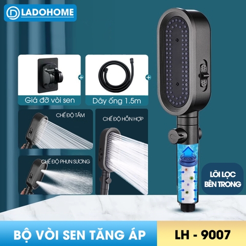 Vòi sen tăng áp 3 chế độ có đầu xả lớn có lõi lọc LH-9007 + kèm giá treo, ống nước TPR silicon siêu bền nóng lạnh