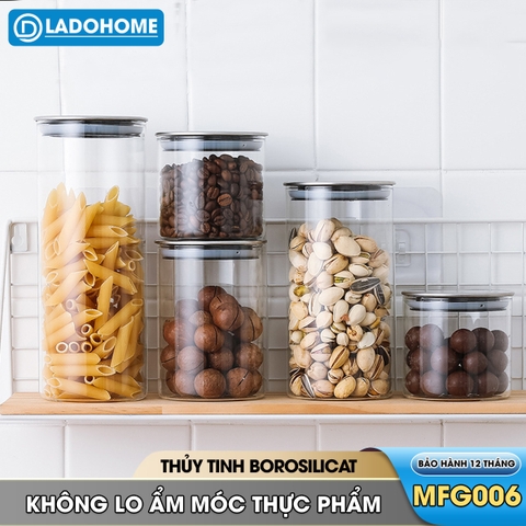 Hủ đựng trà thủy tinh, hủ đựng ngủ cốc nhà bếp, đồ ăn nhẹ snack, hủ gia vị có nắp bằng INOX cao cấp MFG-006