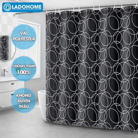 Rèm treo nhà tắm, màn che phòng tắm vải Poliester không thấm cao cấp họa tiết Vòng Tròn Trắng Đen