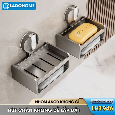 Khay đựng xà phòng LH-1946 có ngăn để bàn chải loại cốc hút chân không gắn tường dễ lắp đặt, nhôm anod không gỉ