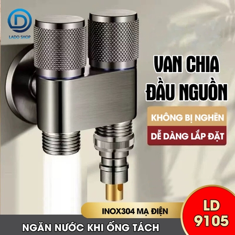 Van chia nước đầu nguồn 2 đầu ra có khóa độc lập LD-9105, inox 304 mạ điện cao cấp bóng đẹp không rỉ